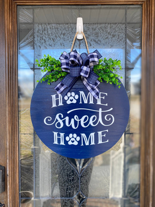 Blue Home Sweet Home Paw Prints Door Hanger